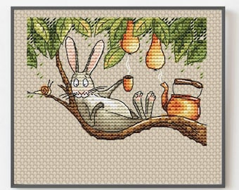 Hare Tea Party Cross Stitch Pattern: Whimsical Nursery Decor with Copper Kettle (PDF Download)