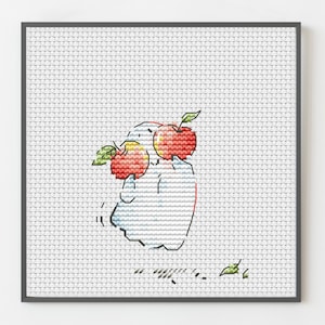 Spooky Ghost and Two Apples Cross Stitch Pattern - Halloween cute home decor design, pumpkin, witch, fall, autumn, leaves, back cat, raven