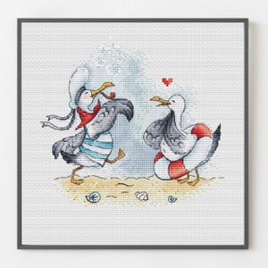 Esquema de bordado Sailor Captain & Seagull Girlfriend para crianças, divertido ponto cruz da família Seagull, design de travesseiro moderno, download digital PDF
