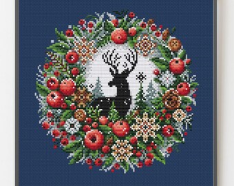 Christmas Wreath Deer Cross Stitch Pattern, Festive Embroidery (Digital Download)