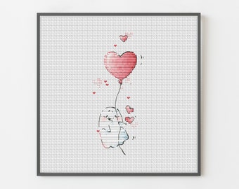 Ghost Holding Heart Balloon Cross Stitch Pattern - Halloween Valentine (PDF)