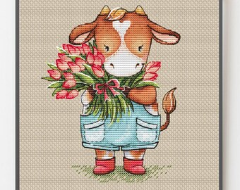 Cow with Tulip Bouquet Cross Stitch Pattern, Modern Embroidery (Digital Download)