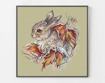 Lapin fantaisiste en feuilles, motif point de croix, charmante décoration d'intérieur, conception de coussin moderne, cadeau d'anniversaire automne numérique téléchargement PDF