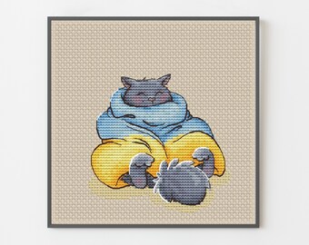 Funny Cat Ukrainian Flag Cross Stitch Pattern – Patriotic Home Decor (PDF Pattern)