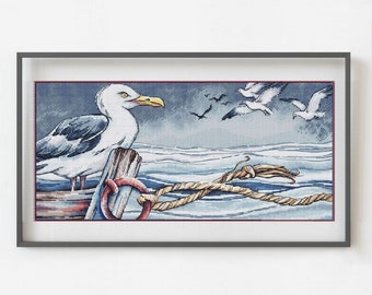Realistic Watercolor Albatross Cross Stitch Pattern, stormy sky, seagulls, Gentle Home Decor, marine pillow design, digital download PDF