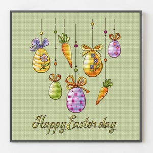 Happy Easter Day kruissteekpatroon met kleurrijke eieren en wortelen, handborduurwerk, Bright Easter-hangers, digitale instant download pdf