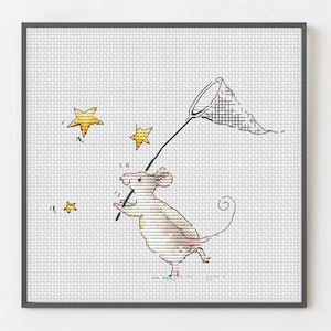 May include: A cross-stitch pattern featuring a cute mouse holding a net and trying to catch stars. The mouse is brown with a pink tail and is standing on a white background.