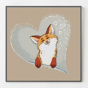 Saint-Valentin, motif point de croix avec un joli petit renard en coeur, cadeau unique pour un être cher, broderie de cartes de voeux, téléchargement numérique PDF