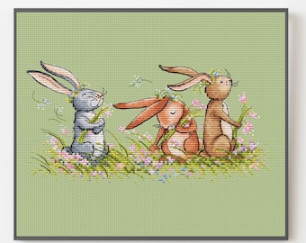 Cute Rabbits in Flowers Cross Stitch Pattern PDF, Spring Meadow Bunny Embroidery Chart, Easter Nursery Wall Decor, Instant digital Download