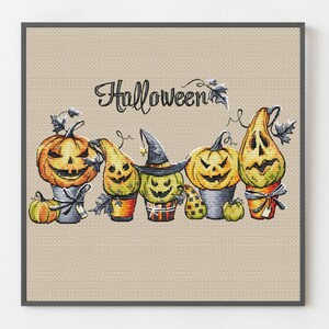 Spooky Carved Pumpkins Cross Stitch, Halloween Pattern with Inscription, festive home Decor, modern embroidery, digital instant download PDF
