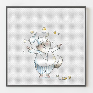 Fun Chef Cat Juggling Eggs Cross Stitch Pattern, cute home Decor for cat lovers, Kitchen  DIY embroidery, digital Instant Download PDF