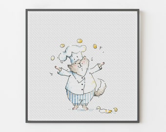 Chef Cat Juggling Eggs Cross Stitch Pattern, Kitchen Decor (Digital Download PDF)