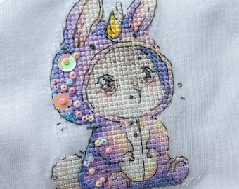 Bunny in Unicorn Pajamas Cross Stitch Pattern - Cute Nursery Gift (PDF)