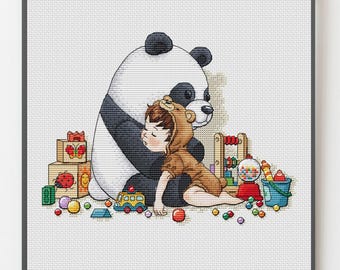 Sleepy Child and Panda Toy Cross-Stitch Pattern for Nursery, Metrics, digital download PDF