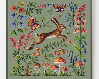 Bunny & Wildflowers Cross Stitch Pattern: Bright Forest Sampler, primitive style embroidery (PDF, Saga)