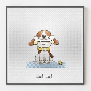 May include: Cross-stitch art of a brown and white dog holding a bone. The dog is wearing a yellow collar and sitting on a blue patterned mat. A yellow ball is next to the dog. The text "Woof woof..." is below the dog.