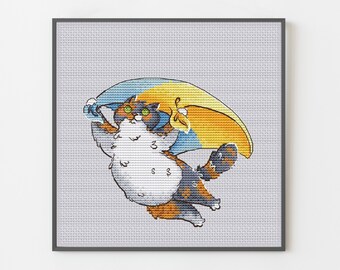 Patriotic Cat Cross Stitch Pattern: Ukrainian Flag Parachute (Digital PDF)