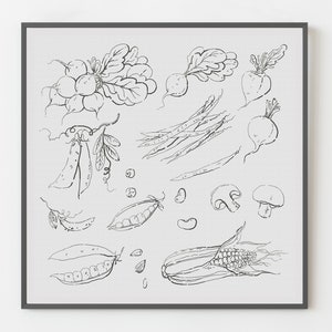 Puede incluir: Un dibujo en blanco y negro de varios vegetales, incluyendo rábanos, guisantes, maíz, champiñones y frijoles. El dibujo está sobre un fondo blanco.