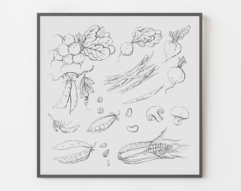 Vegetable Sampler - Kitchen Decor Cross Stitch Pattern, digital instant download PDF, housewarming gift, blackwork embroidery, corn & radish