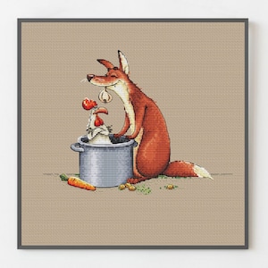 Modern Hand Embroidery: Cute Fox & Rooster, Grandma&#39;s Recipe cross stitch Design, Stylish Kitchen Art, Unique Gift, Digital download PDF