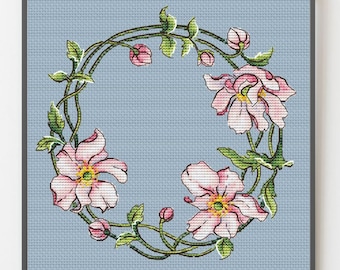 Pink Anemone Wreath Cross Stitch Pattern: Chic Pillow Decor (Digital Download)