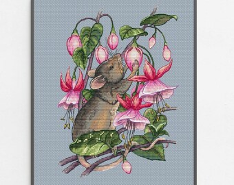 Mouse and Fuchsia Flowers Cross-Stitch Pattern: Whimsical Watercolor Design (Digital Download PDF)