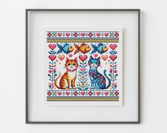 Primitive Cat Cross Stitch Pattern: Floral Fish Design (Digital Download)