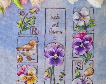Set of 3 Bookmarks: Bright Pansies and Bird Cross-Stitch Pattern for Reading Nook Decor, Handmade Gift for book lovers, digital Download PDF