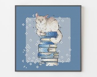 Cat Nap on Books - Cross Stitch Pattern for Pet Lovers, stay at home, digital download PDF, stylish home decor, sleeping pet portrait gift