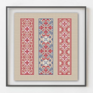 Three Bookmark Ornaments Cross Stitch Pattern Set with Ukrainian Flair, modern simple hand embroidery, Ukraine digital instant download PDF