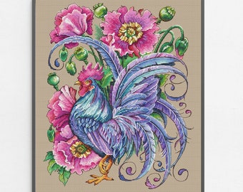 Watercolor Rooster in poppies Cross Stitch Pattern, Blue Feather modern design, hand Embroidery, Stylish Kitchen Decor, digital download PDF