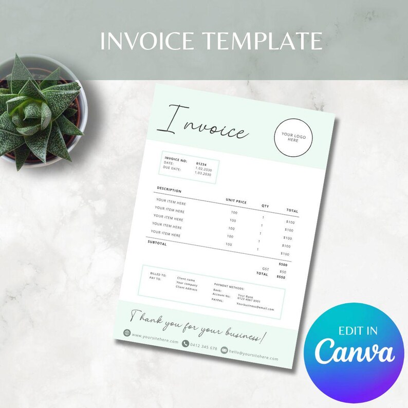 Invoice In Cursive Easy to Edit Invoice Template for Canva INSTANT DOWNLOAD - Etsy Australia