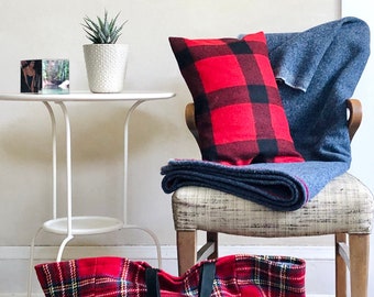 Wool Throw Blanket Cushion & Tote Set Red Plaid Camp/Travel