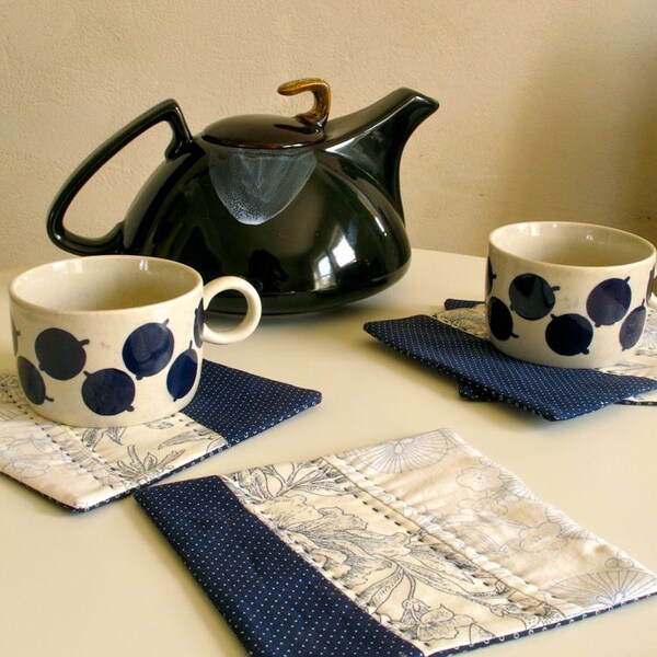 Quilted Tea Mats / Coasters / Navy Blue White / Simple Kitchen Set of 4