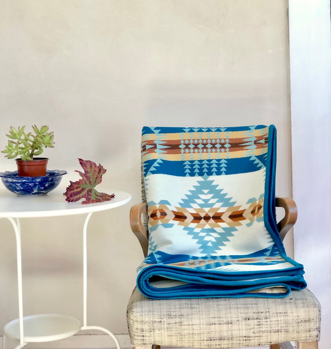 Wool Blanket Native American Design in Aqua Blue Taupe White Etsy