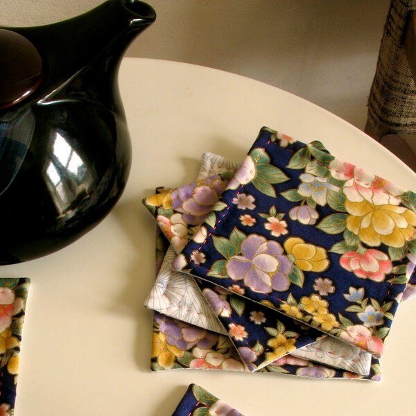 Quilted Tea Mats / Coasters / Navy Blue Floral / Simple Kitchen Set of 6