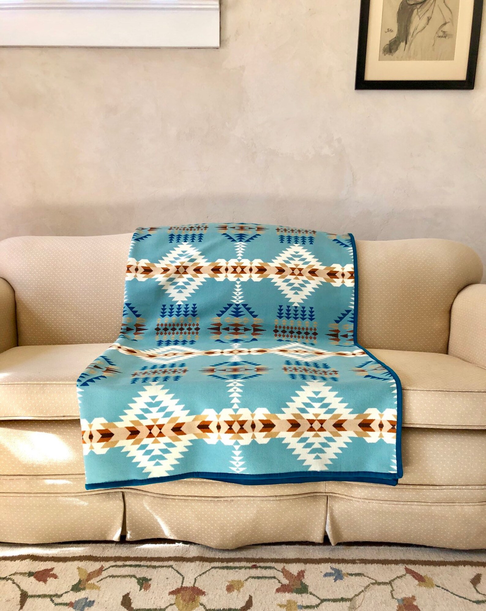 Wool Blanket Native American Design in Aqua Blue Taupe White Etsy