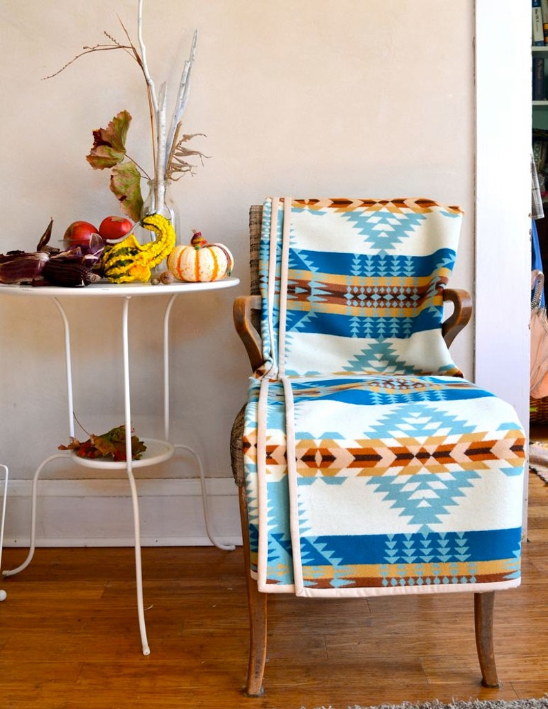 Wool Blanket Native American Design in Aqua Blue White & Brown Etsy