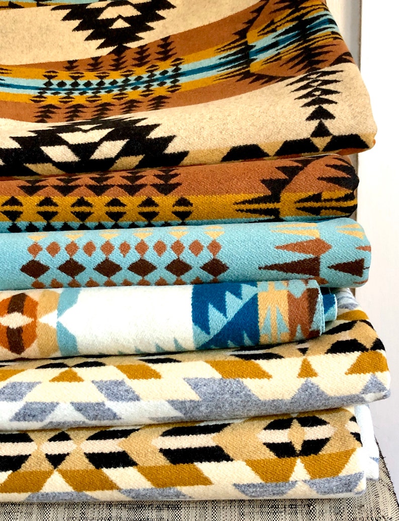 Wool Blanket Native American Design in Aqua Blue White & Brown Etsy