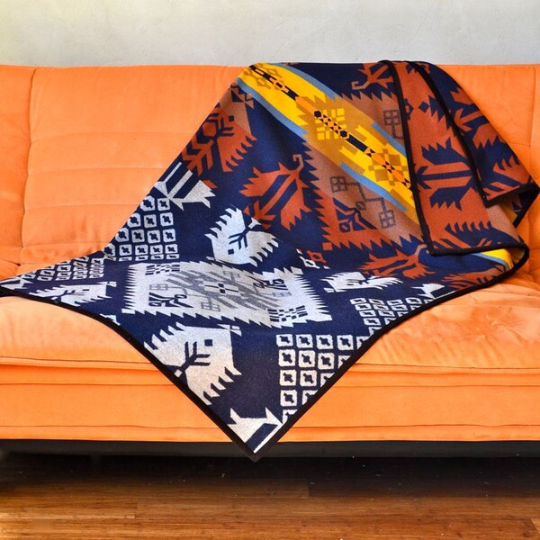 Wool Blanket in Navy White Rust Gold Native American Design Multicolor