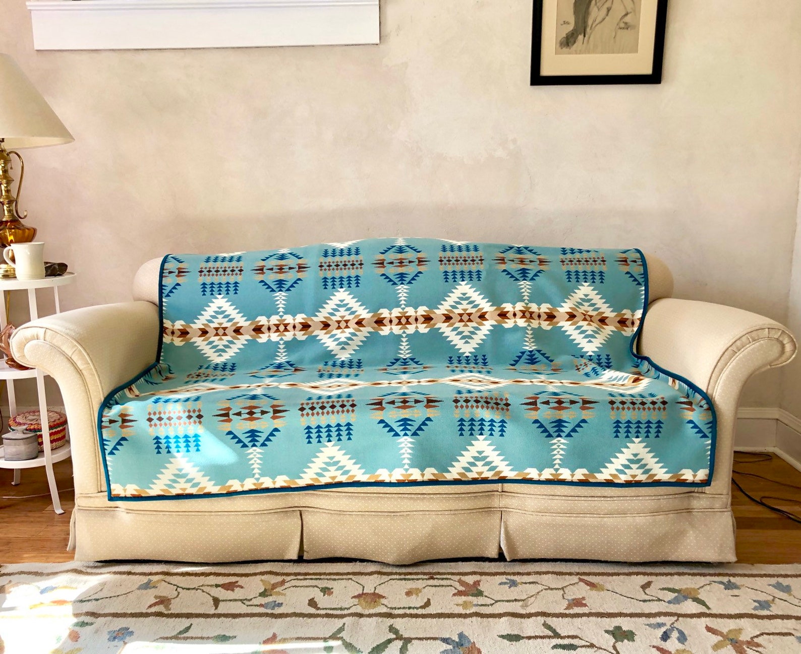 Wool Blanket Native American Design in Aqua Blue Taupe White Etsy