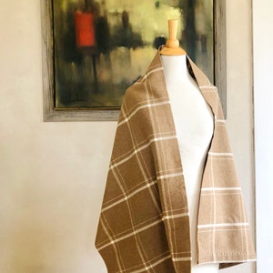 Merino Wool Large Scarf / Wrap Tan & Cream Super Soft Plaid