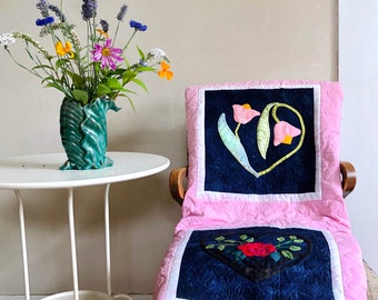 Hand Appliqued Quilt Heart and Flower Motif Gorgeous Detail Pink Black
