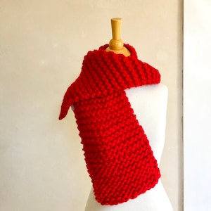 Hand Knit Scarf Super Bulky Bright Red Simple Stockinette Design Warm & Soft 100% Wool