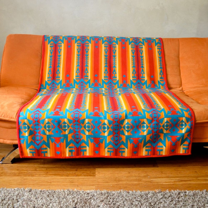 Wool Blanket Native American Design in Turquoise Blue Orange Etsy