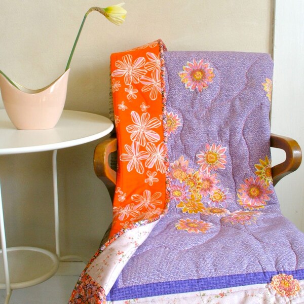 Baby / Child Quilt Spring Flower Applique Cotton Flannel Purple Lavender Orange