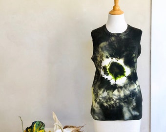 Sweater Vest Hand Dyed Statement Eclipse Design Black White Acid Green