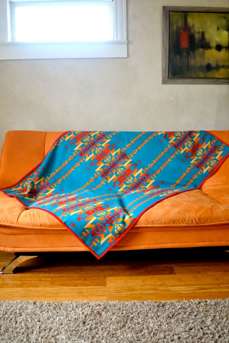 Wool Blanket Native American Design in Turquoise Blue Orange Etsy
