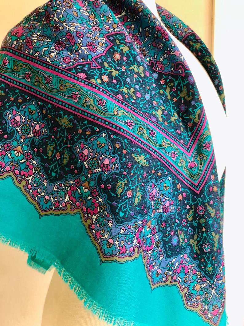 Teal Paisley Wool Challis Scarf Floaty Light Soft Warm Printed | Etsy