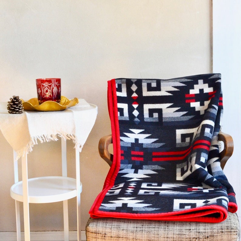 Wool Blanket Native American Inspired Design Black Red Gray Etsy